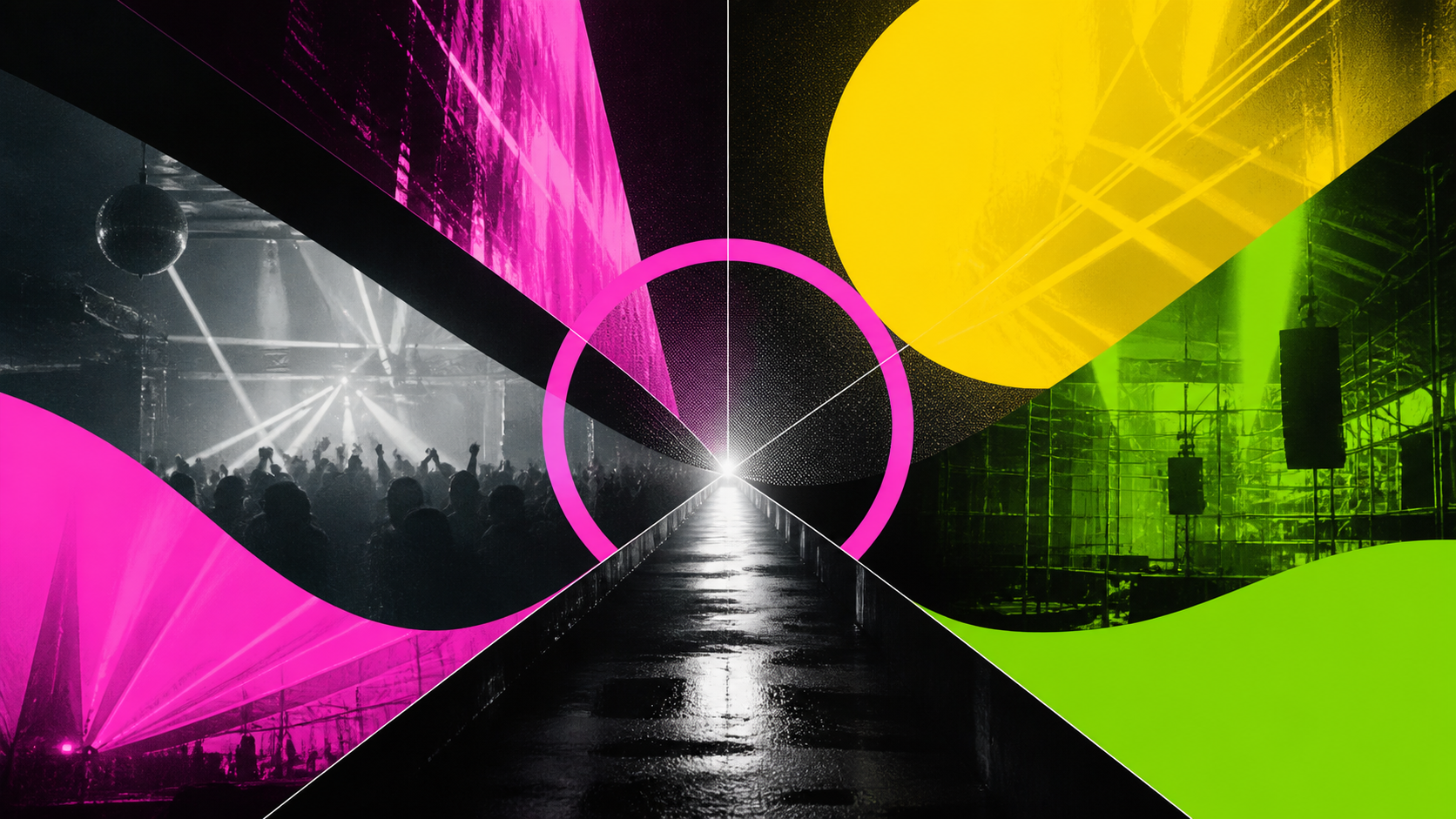 Abstracte nightlife-collage in roze, geel, groen en zwart voor de Party-weekendselectie